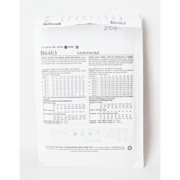 Butterick B6463 Sewing Pattern Misses' Jacket Top Dress Skirt Pants Size 14-22 - Picture 2 of 5